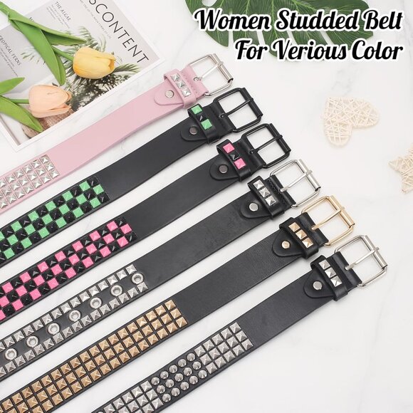 Women's Pink Metal Punk Rock Rivet Belt With Bright Pyramid Studded - Picture 4 of 7
